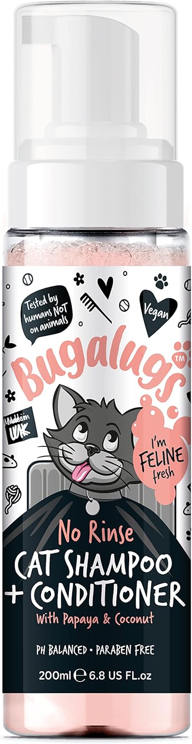 Bugalugs No Rinse Cat Shampoo & Conditioner with Papaya & Coconut. Brush Through, for Cats and Kittens. Foam Action Grooming Dry Shampoo Kitten (No Rinse Shampoo)