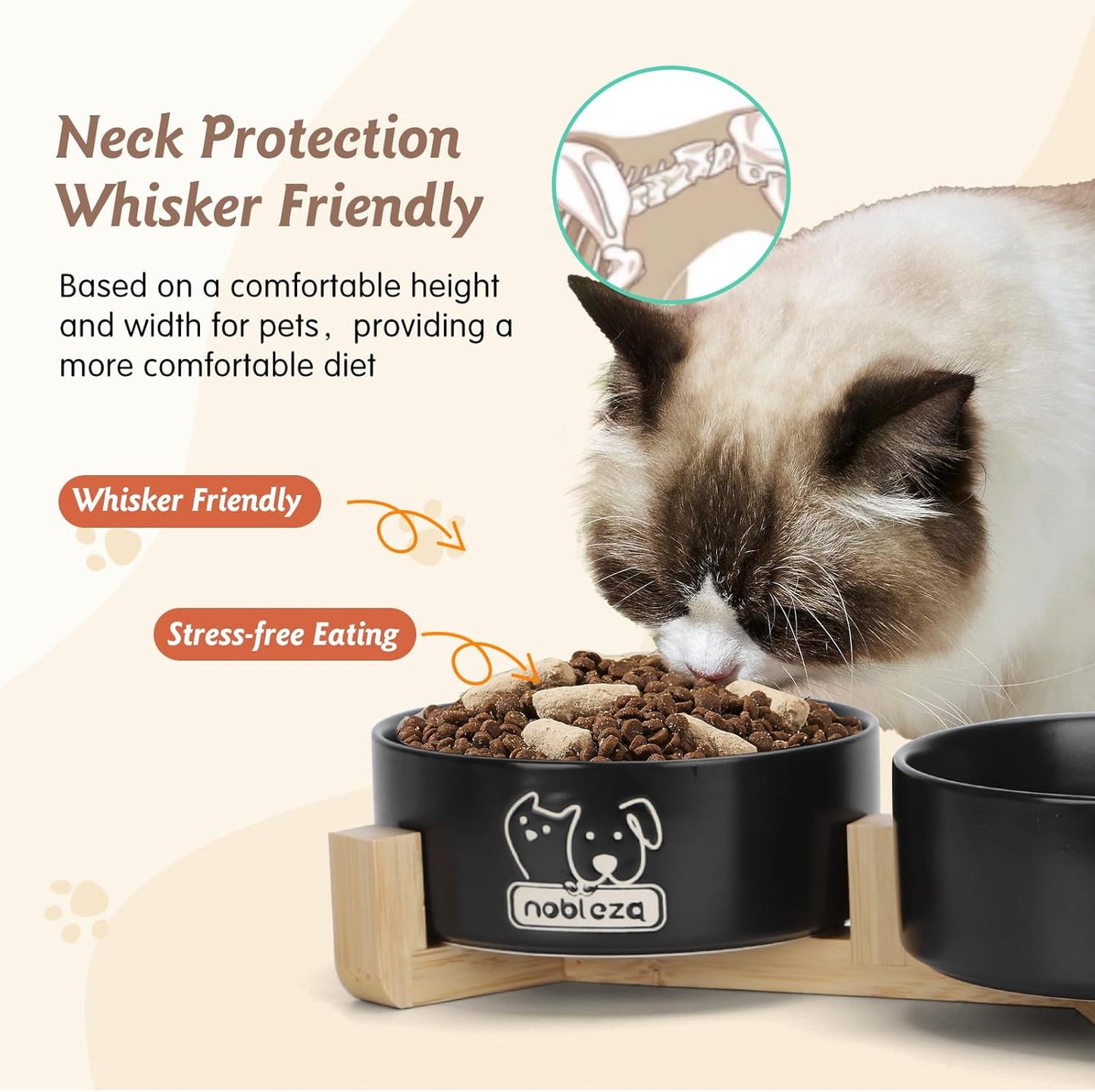 Ceramic Cat Bowls Set with Bamboo Stand, Stackable Double Ceramic Cat Food Water Bowl, 2X400Ml/13.5Oz Non-Slip Pet Feeding Bowls for Cats Kittens and Puppies, 13X13X5Cm Black