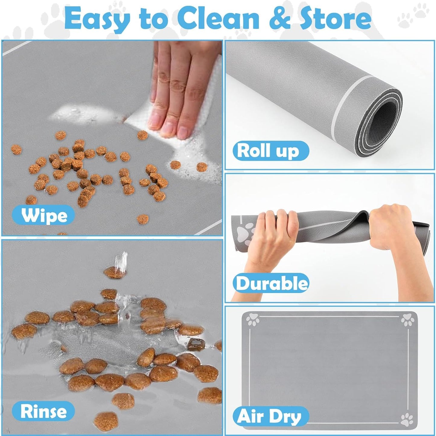 Dog & Cat Bowl Mat Silicone Waterproof Pet Feeding Mat Cat Food Mat Non-Slip Large Placemat for Dogs and Cats Protects Floors from Spills Durable Easy to Clean 40×60Cm Grey