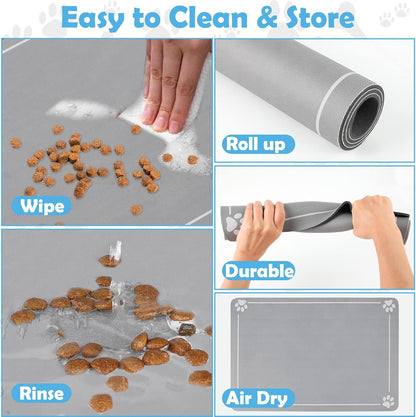 Dog & Cat Bowl Mat Silicone Waterproof Pet Feeding Mat Cat Food Mat Non-Slip Large Placemat for Dogs and Cats Protects Floors from Spills Durable Easy to Clean 40×60Cm Grey