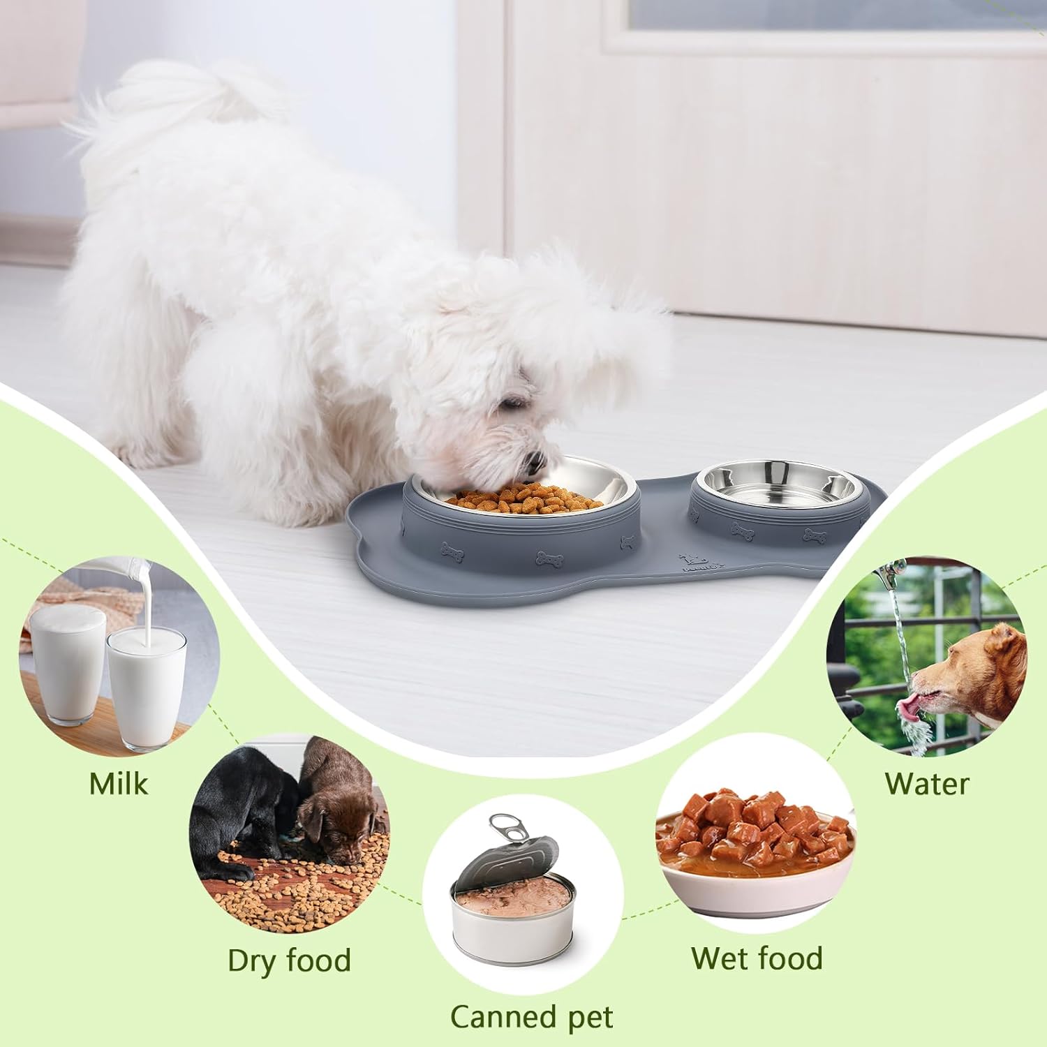 Dog Bowls Non-Slip, Stainless Steel Double Bowls Set with Non-Spill Silicone Mats Tray for Cats Puppies Water Food Feeding