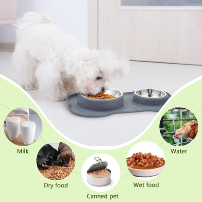 Dog Bowls Non-Slip, Stainless Steel Double Bowls Set with Non-Spill Silicone Mats Tray for Cats Puppies Water Food Feeding