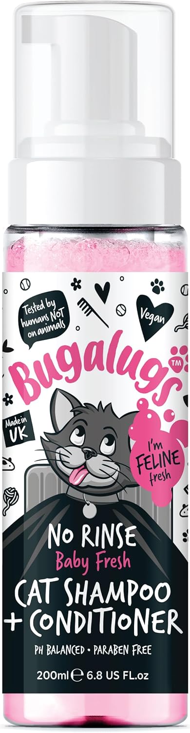 Bugalugs No Rinse Cat Shampoo & Conditioner with Baby Fresh Fragrance. Brush Through, for Cats and Kittens. Foam Action Grooming Dry Shampoo Kitten (200Ml No Rinse Shampoo)