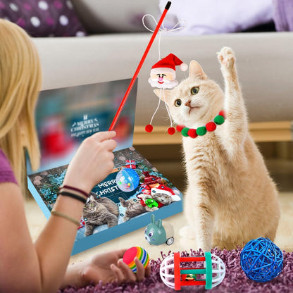 Cat Advent Calendar 2025 Christmas Interactive Toys for Indoor Christmas Gifts Collars Bow Tie Feather Toys Fish Fake Mouse Bell Balls for Cat Lover Gifts