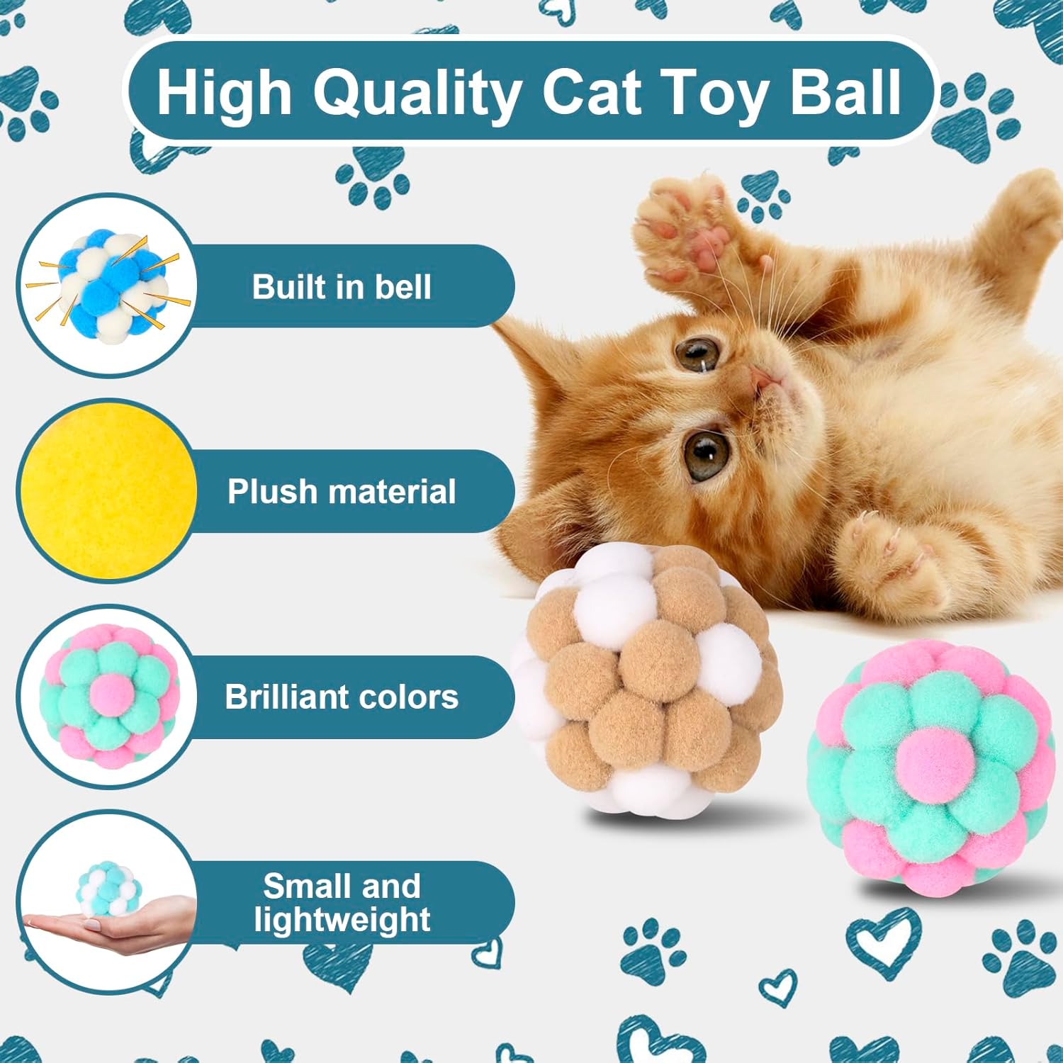 Cat Toys Balls 6 Pieces Colorful Cat Balls with Bells 5Cm Soft Cat Pom Poms Balls Cats Interactive Ball Toy for Cats Kitten Indoor Outdoor Playing Chewing Scratching