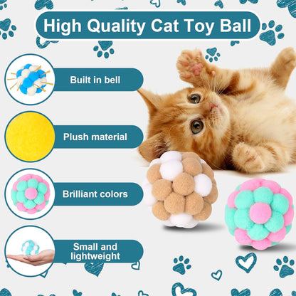 Cat Toys Balls 6 Pieces Colorful Cat Balls with Bells 5Cm Soft Cat Pom Poms Balls Cats Interactive Ball Toy for Cats Kitten Indoor Outdoor Playing Chewing Scratching