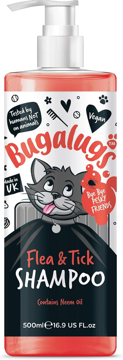 BUGALUGS Flea and Tick Cat Shampoo 500Ml, Deep Cleansing Shampoo for Cats for Fleas, Ticks & Mites Contains Neem Oil, PH Balanced Vegan, Pet Shampoo (500Ml Flea Shampoo)
