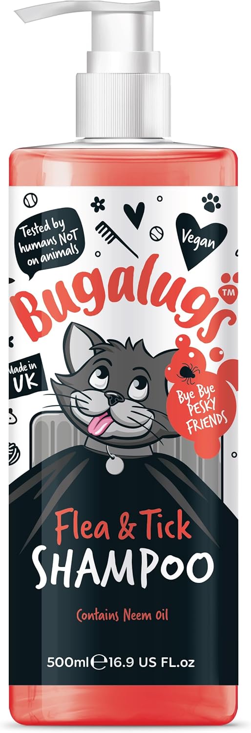 BUGALUGS Flea and Tick Cat Shampoo 500Ml, Deep Cleansing Shampoo for Cats for Fleas, Ticks & Mites Contains Neem Oil, PH Balanced Vegan, Pet Shampoo (500Ml Flea Shampoo)