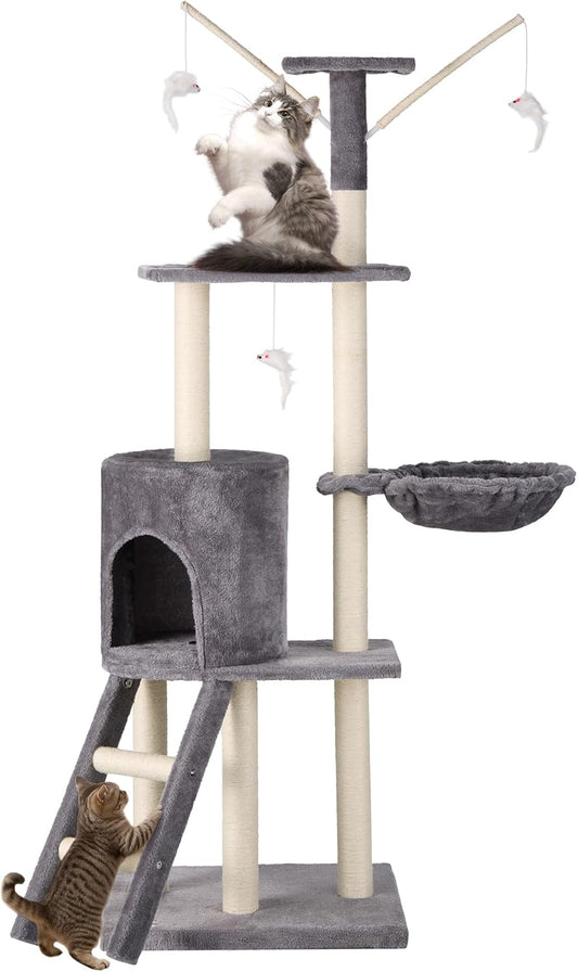 Cat Tree – 146Cm Play Cat Tower with Sisal Scratching Posts for Indoor Kittens, Multi Level House, Large Climbing Frame with House, Ladder and Hammock – Grey