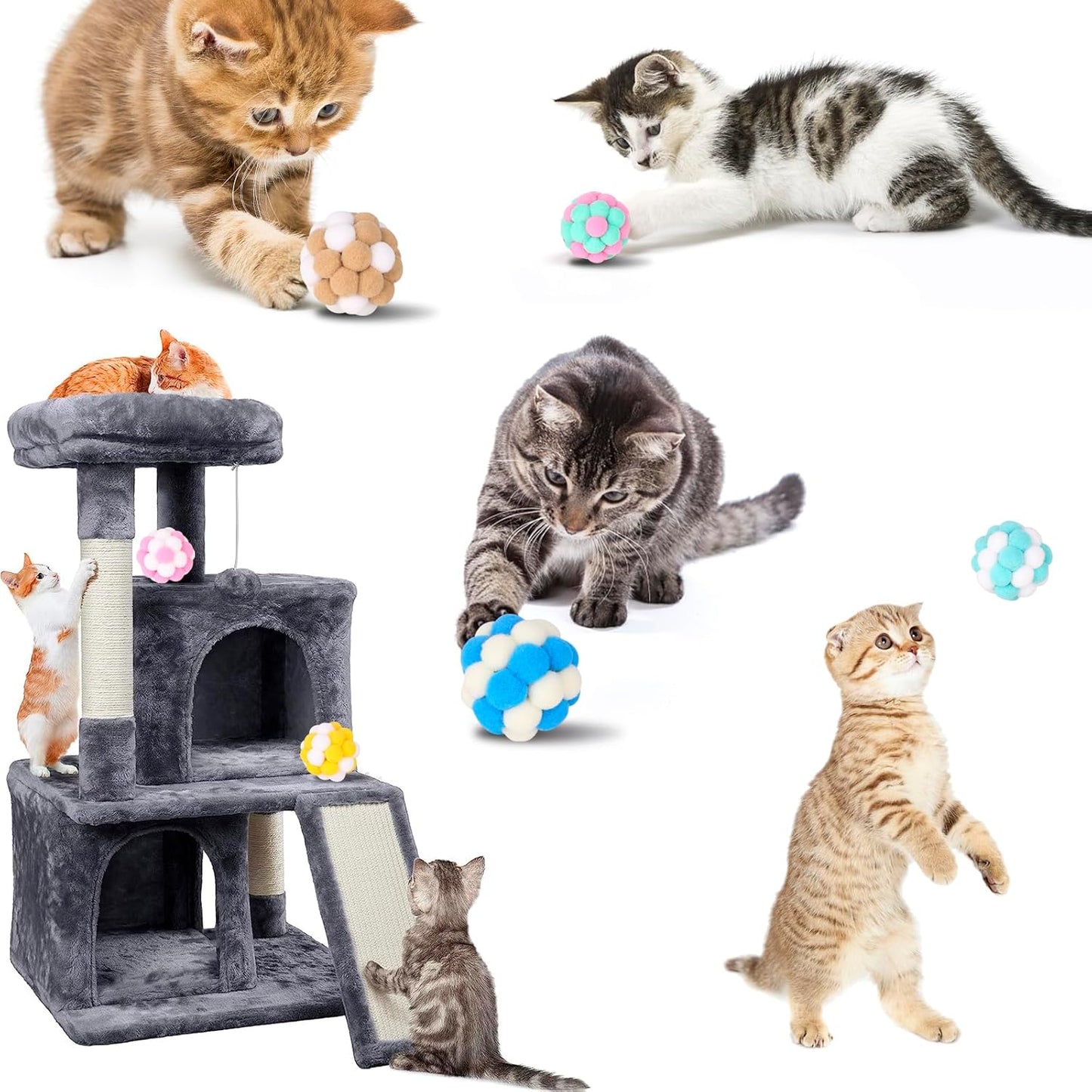 Cat Toys Balls 6 Pieces Colorful Cat Balls with Bells 5Cm Soft Cat Pom Poms Balls Cats Interactive Ball Toy for Cats Kitten Indoor Outdoor Playing Chewing Scratching