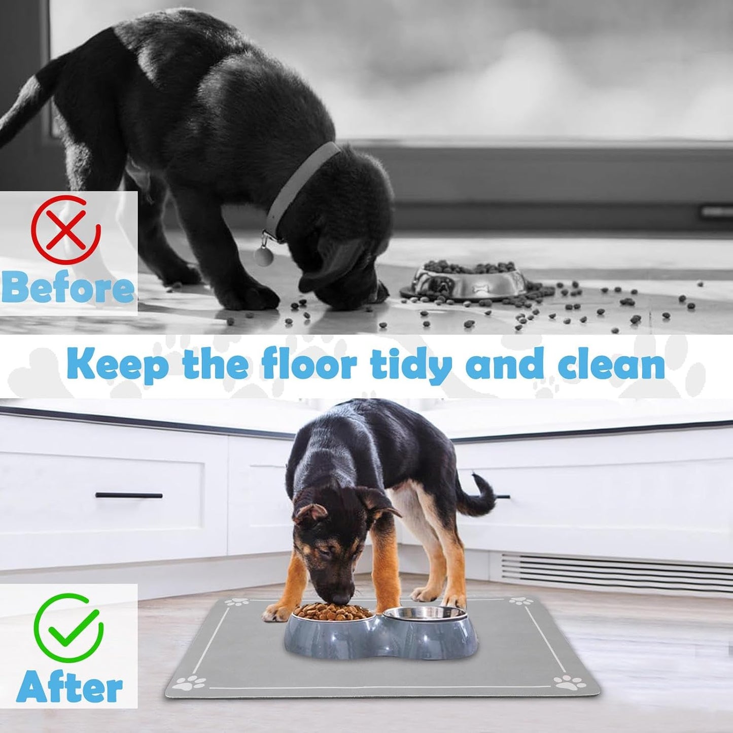 Dog & Cat Bowl Mat Silicone Waterproof Pet Feeding Mat Cat Food Mat Non-Slip Large Placemat for Dogs and Cats Protects Floors from Spills Durable Easy to Clean 40×60Cm Grey