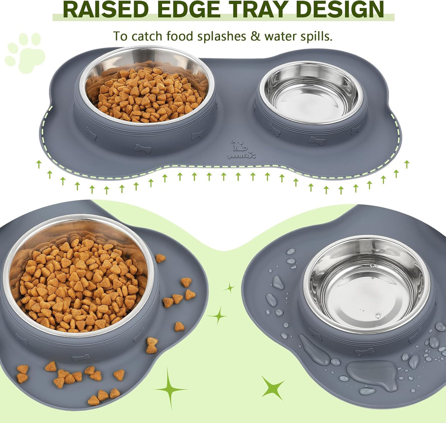 Dog Bowls Non-Slip, Stainless Steel Double Bowls Set with Non-Spill Silicone Mats Tray for Cats Puppies Water Food Feeding