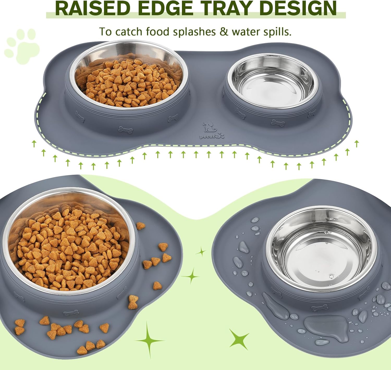 Dog Bowls Non-Slip, Stainless Steel Double Bowls Set with Non-Spill Silicone Mats Tray for Cats Puppies Water Food Feeding