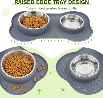 Dog Bowls Non-Slip, Stainless Steel Double Bowls Set with Non-Spill Silicone Mats Tray for Cats Puppies Water Food Feeding