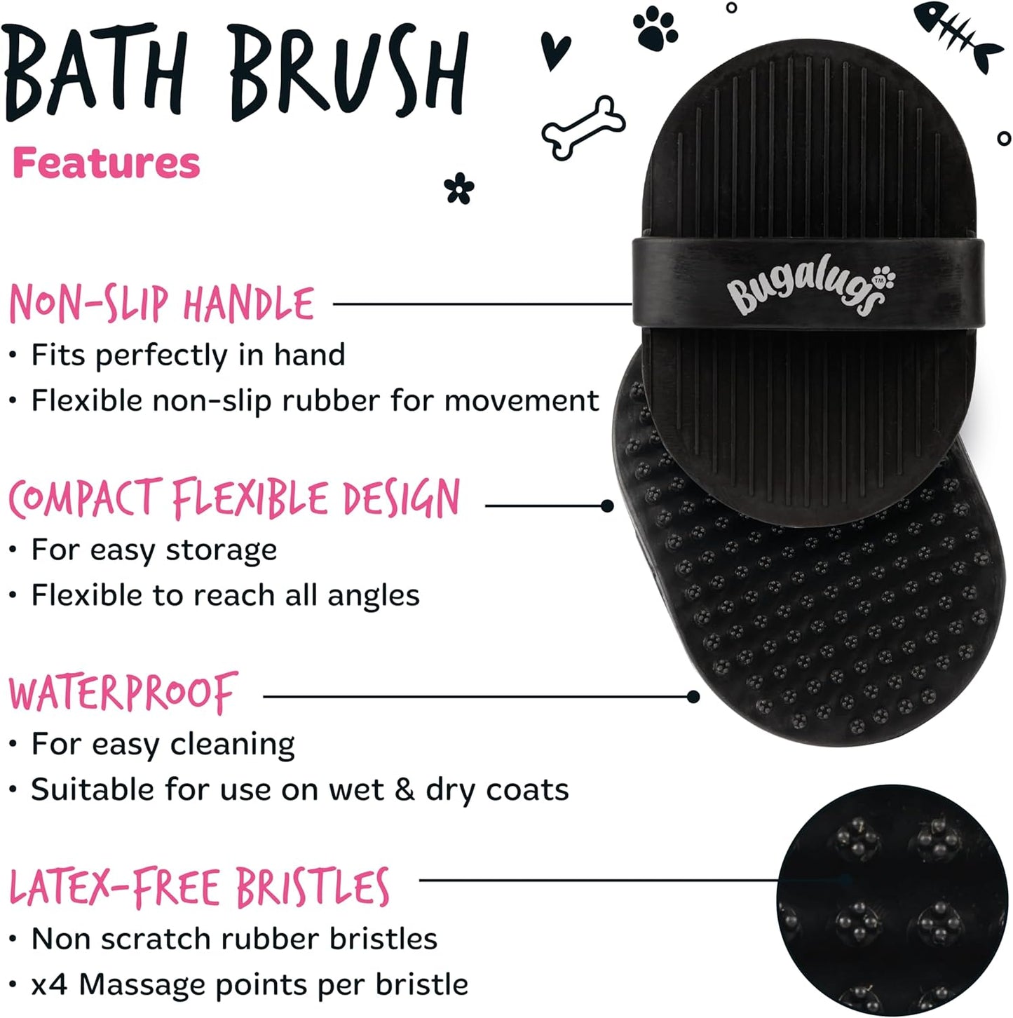 Bugalugs Dog Shampoo Bath Brush & Cat Brush 2 Pack, Use Wet or Dry as Dog Grooming Brush for Grooming & Bathing Use Alongside Our Dog No Rinse Shampoo for Smelly Dogs & Cats (Black (2 Pack))