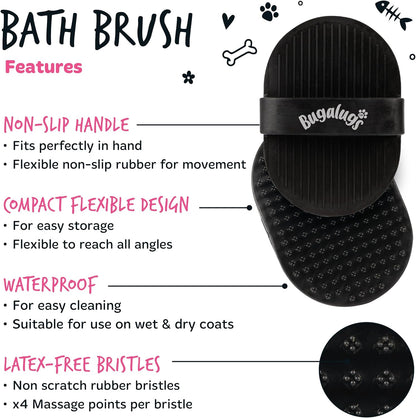 Bugalugs Dog Shampoo Bath Brush & Cat Brush 2 Pack, Use Wet or Dry as Dog Grooming Brush for Grooming & Bathing Use Alongside Our Dog No Rinse Shampoo for Smelly Dogs & Cats (Black (2 Pack))
