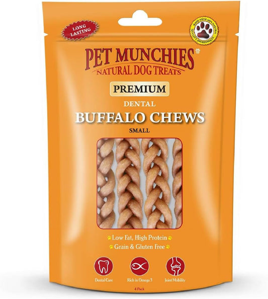 Small Buffalo Dental Chews, Healthy, Natural and Long-Lasting Dog Treats, Grain Free and Low in Fat 55G (4 Chews)