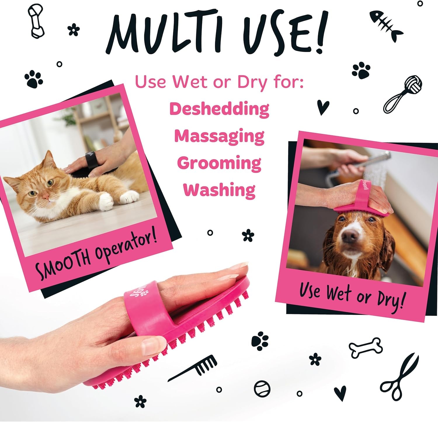 Bugalugs Dog Shampoo Bath Brush & Cat Brush 2 Pack, Use Wet or Dry as Dog Grooming Brush for Grooming & Bathing Use Alongside Our Dog No Rinse Shampoo for Smelly Dogs & Cats (Pink (2 Pack))