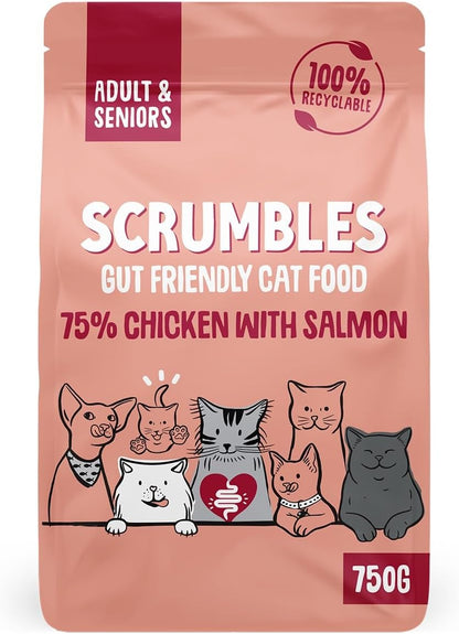 Scrumbles All Natural Dry Cat Food with 75% Chicken and Fresh Salmon, High Protein Food for Adults and Seniors, 750 G