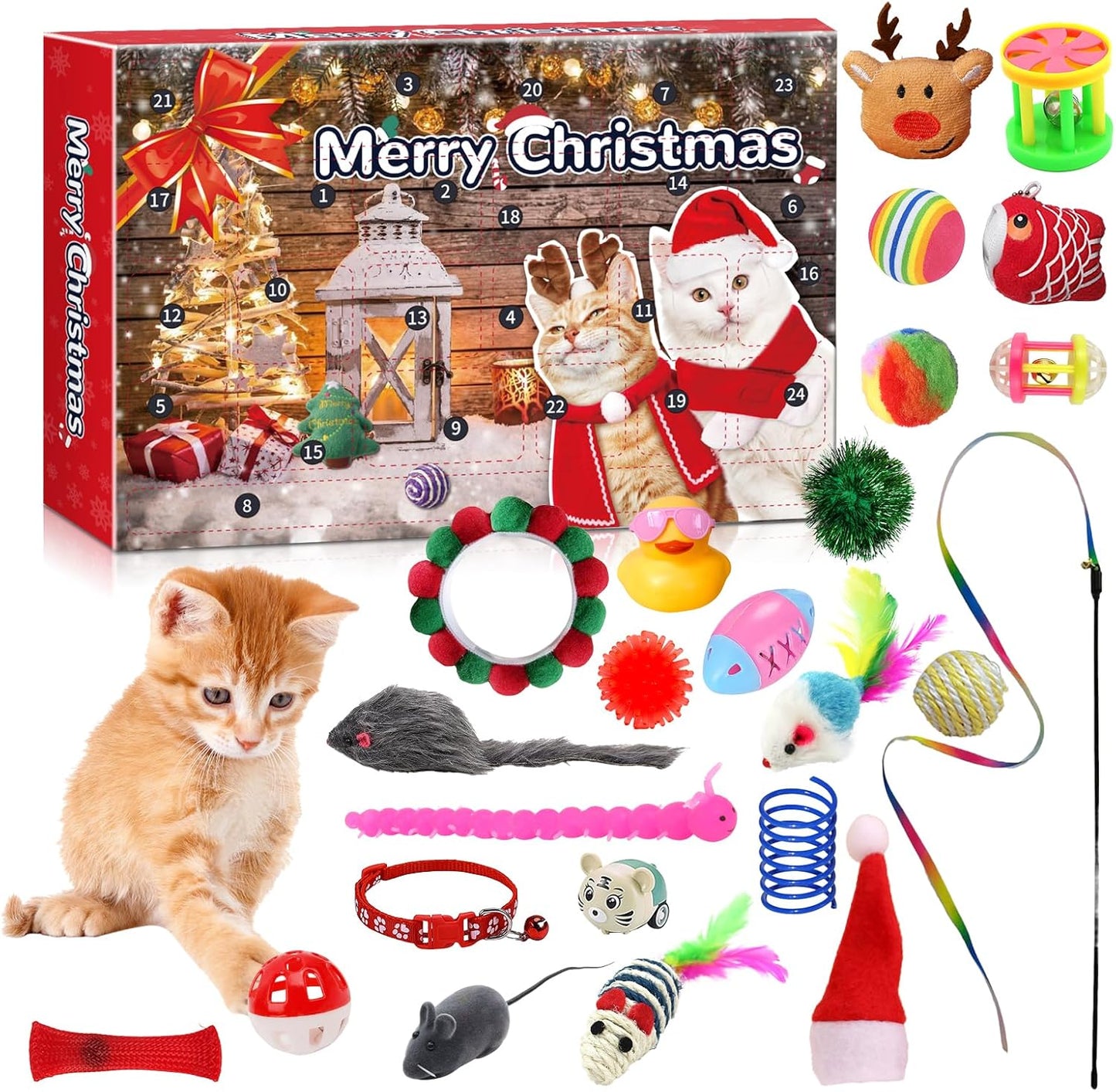 Advent Calendar for Cats, Christmas Cat Toy Set 24 Pcs with Interactive Balls, Feather Wands, Springs for Indoor Cats Kittens