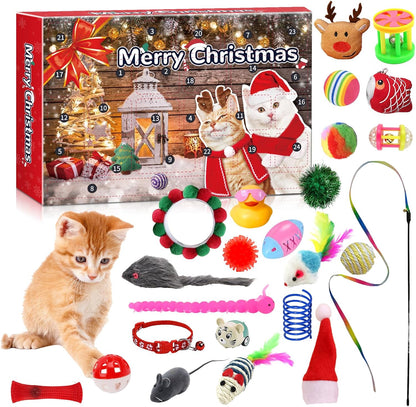 Advent Calendar for Cats, Christmas Cat Toy Set 24 Pcs with Interactive Balls, Feather Wands, Springs for Indoor Cats Kittens