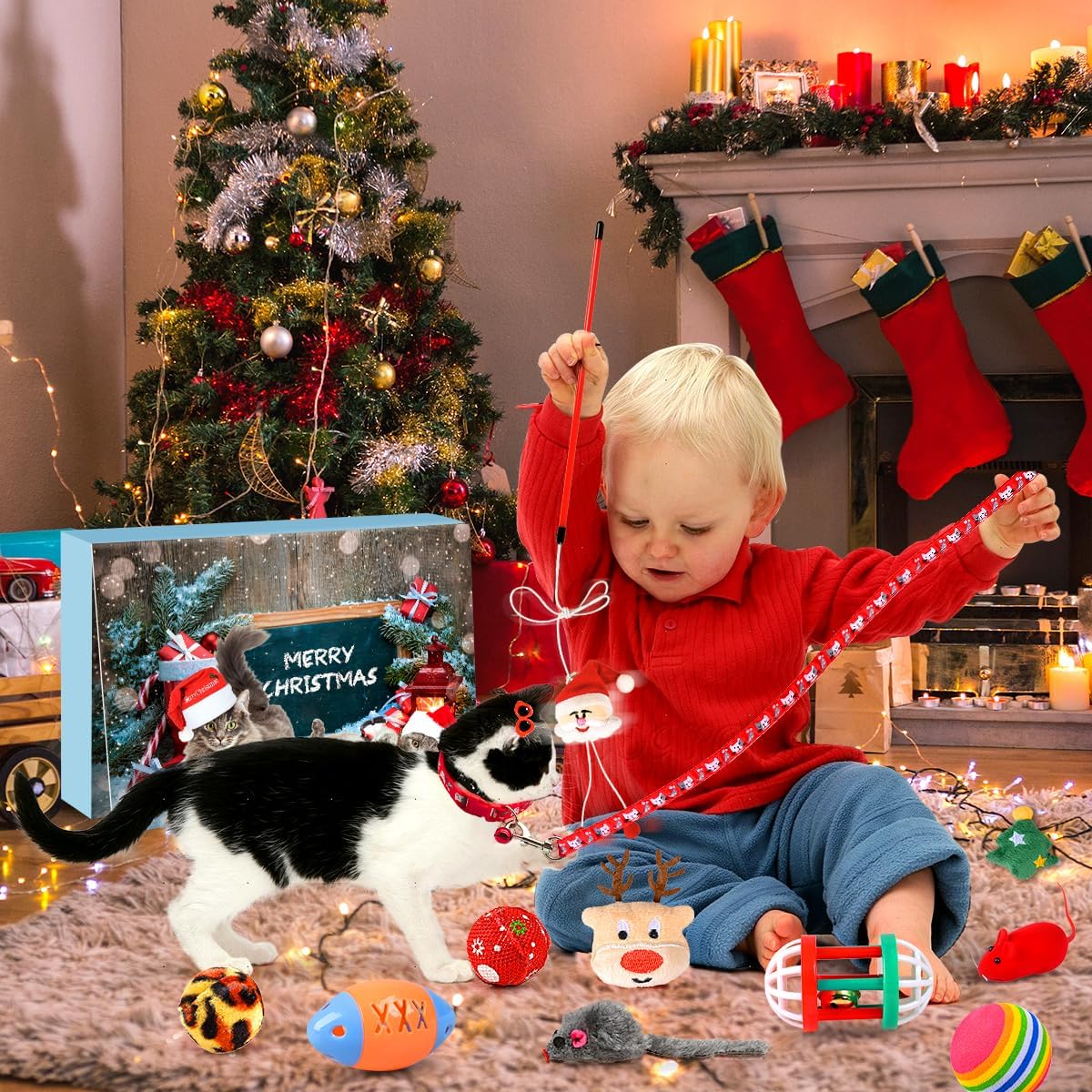 Cat Advent Calendar 2025 Christmas Interactive Toys for Indoor Christmas Gifts Collars Bow Tie Feather Toys Fish Fake Mouse Bell Balls for Cat Lover Gifts