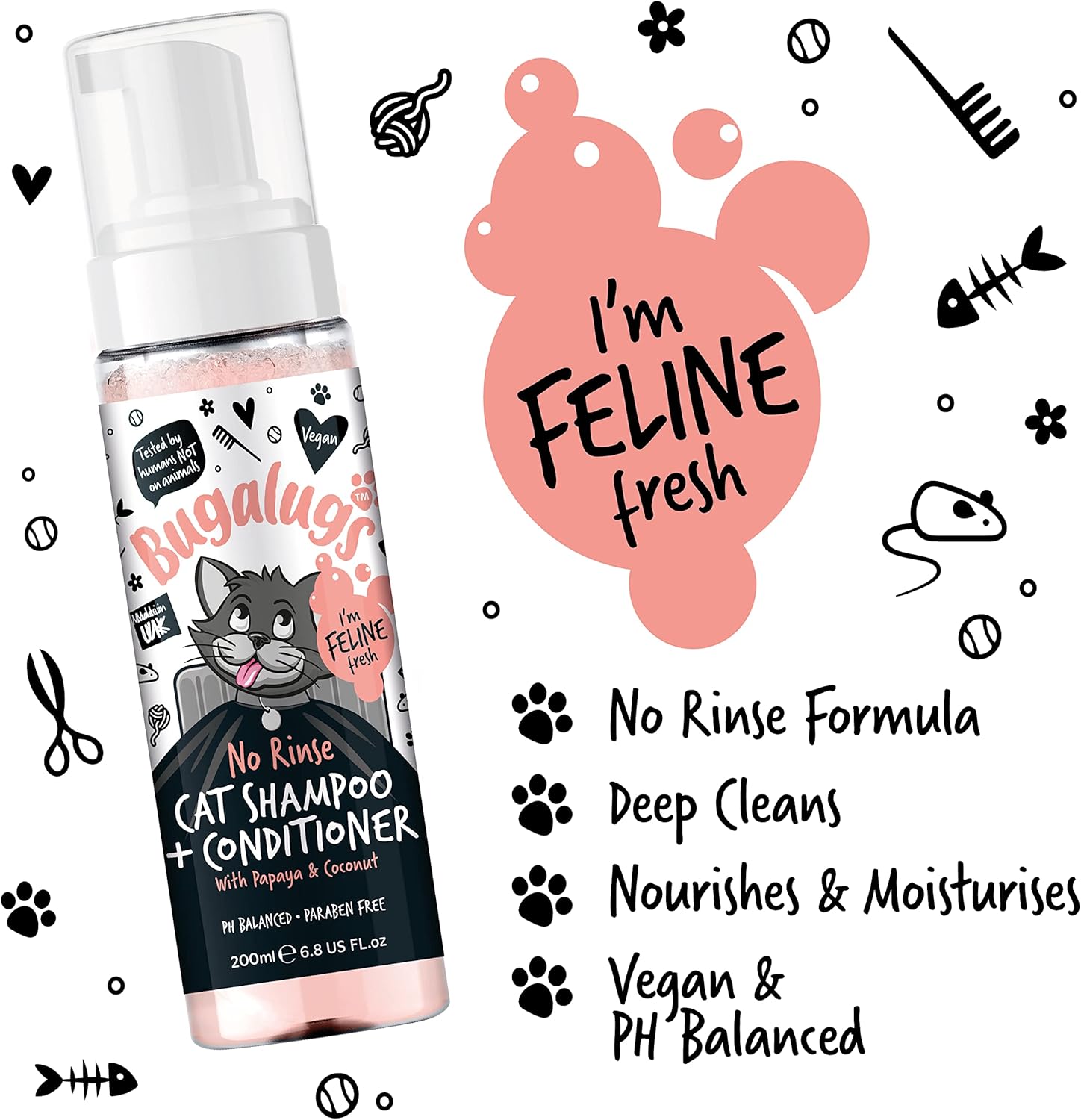 Bugalugs No Rinse Cat Shampoo & Conditioner with Papaya & Coconut. Brush Through, for Cats and Kittens. Foam Action Grooming Dry Shampoo Kitten (No Rinse Shampoo)