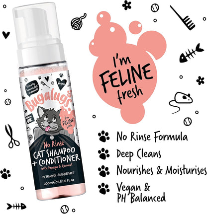 Bugalugs No Rinse Cat Shampoo & Conditioner with Papaya & Coconut. Brush Through, for Cats and Kittens. Foam Action Grooming Dry Shampoo Kitten (No Rinse Shampoo)