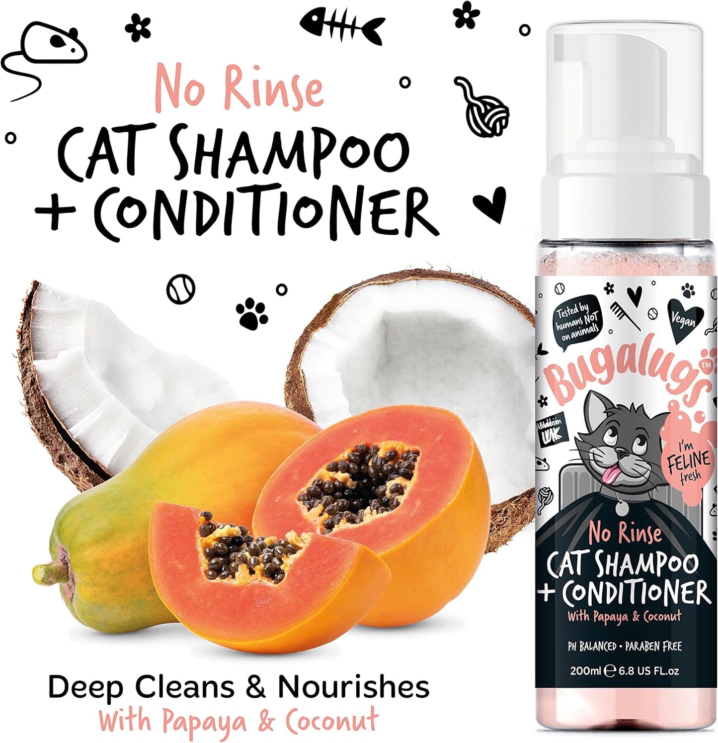 Bugalugs No Rinse Cat Shampoo & Conditioner with Papaya & Coconut. Brush Through, for Cats and Kittens. Foam Action Grooming Dry Shampoo Kitten (No Rinse Shampoo)