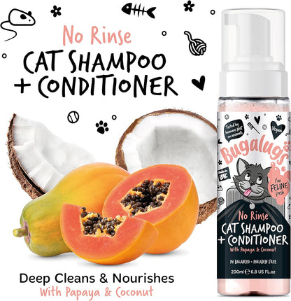 Bugalugs No Rinse Cat Shampoo & Conditioner with Papaya & Coconut. Brush Through, for Cats and Kittens. Foam Action Grooming Dry Shampoo Kitten (No Rinse Shampoo)