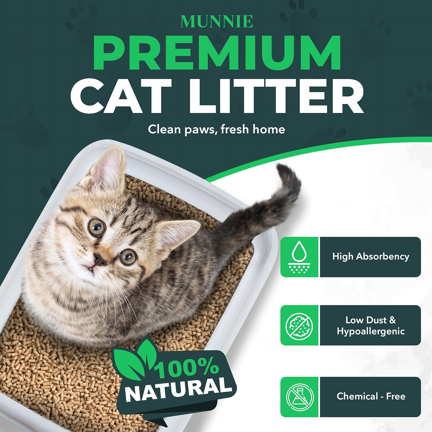 Munnie Cat Litter 30L – Biodegradable, Dust-Free, Unscented, Ultra-Absorbent Wood Pellets for Cats & Kittens, Natural Cat-Litter for Housetraining, Non-Clumping, Litter Granules, Pet-Safe