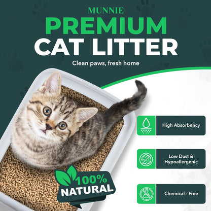 Munnie Cat Litter 30L – Biodegradable, Dust-Free, Unscented, Ultra-Absorbent Wood Pellets for Cats & Kittens, Natural Cat-Litter for Housetraining, Non-Clumping, Litter Granules, Pet-Safe