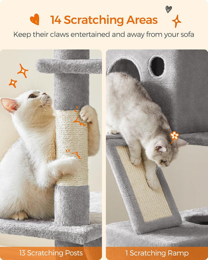 Cat Tree, 206 Cm Large Cat Tower Condo with 13 Scratching Posts, 1 Scratching Ramp, 2 Perches, 2 Caves, Basket, Hammock, Pompoms, Light Grey PCT190W01V1