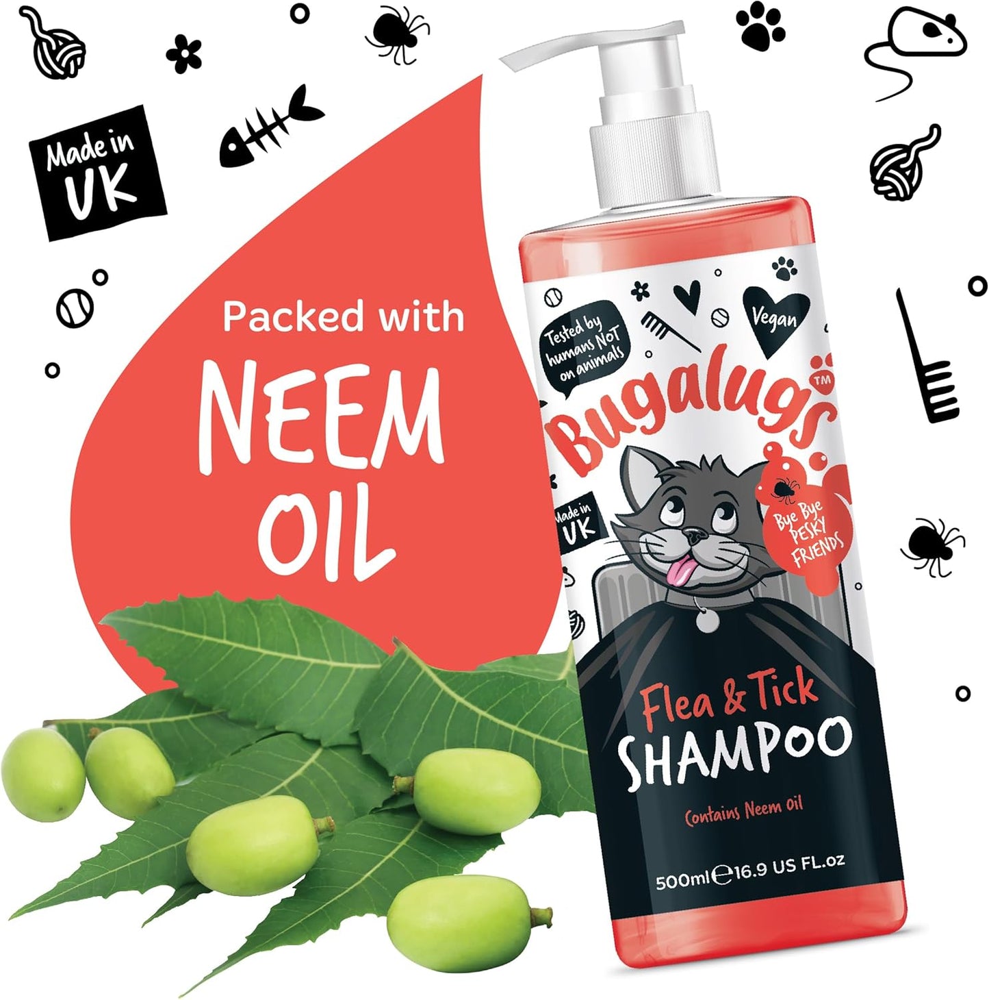 BUGALUGS Flea and Tick Cat Shampoo 500Ml, Deep Cleansing Shampoo for Cats for Fleas, Ticks & Mites Contains Neem Oil, PH Balanced Vegan, Pet Shampoo (500Ml Flea Shampoo)