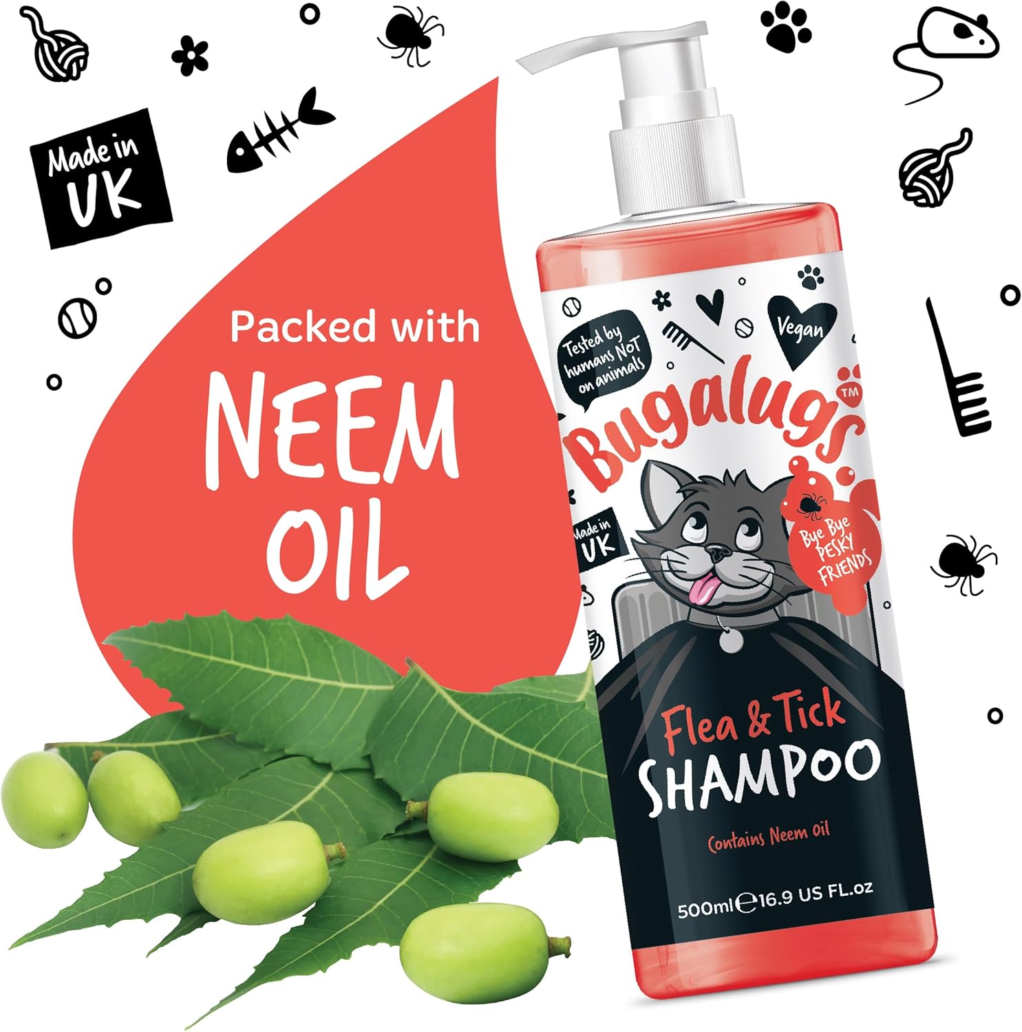 BUGALUGS Flea and Tick Cat Shampoo 500Ml, Deep Cleansing Shampoo for Cats for Fleas, Ticks & Mites Contains Neem Oil, PH Balanced Vegan, Pet Shampoo (500Ml Flea Shampoo)