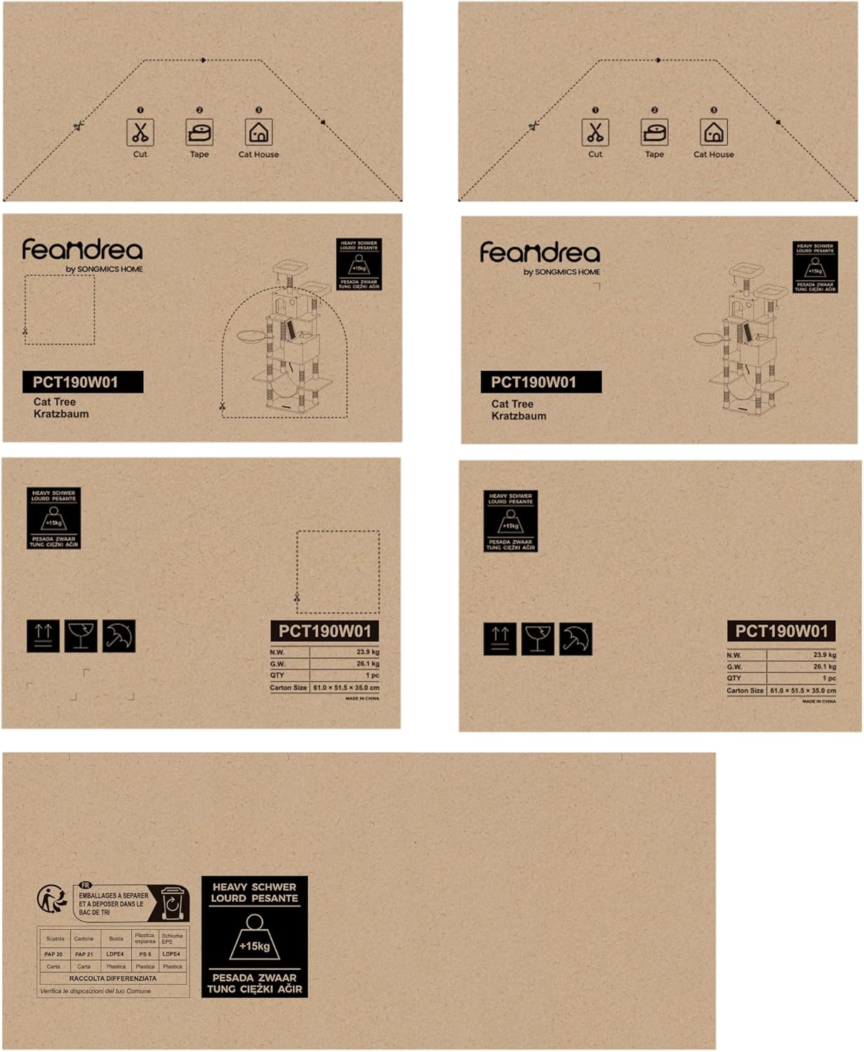 Cat Tree, 206 Cm Large Cat Tower Condo with 13 Scratching Posts, 1 Scratching Ramp, 2 Perches, 2 Caves, Basket, Hammock, Pompoms, Light Grey PCT190W01V1