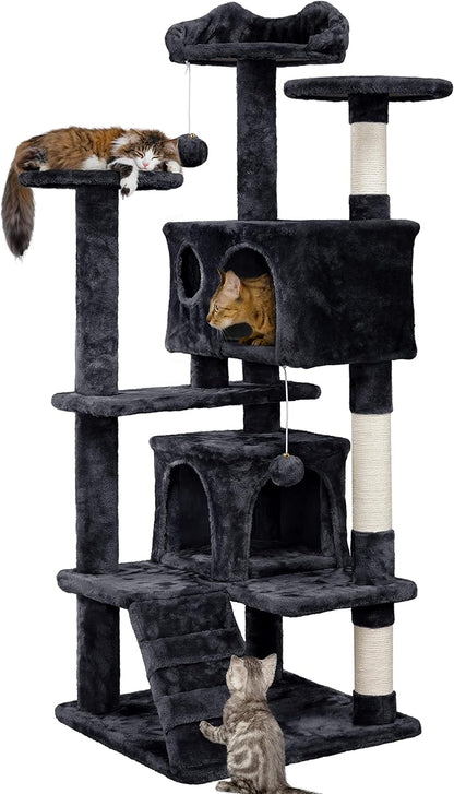 138.5Cm Cat Tree Tower Scratching Posts Multilevel Cat Climbing House with Condos & Ladder Pet Activity Centre for Indoor Kittens, Dark Grey