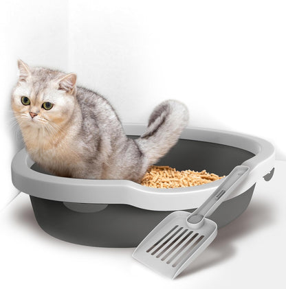Corner Cat Litter Tray with Cleaning Scoop, High Sided Rounded Corners, Anti-Spillage & Mess-Free Cat Toilet (Dark Grey/White, 55X42.5X14)