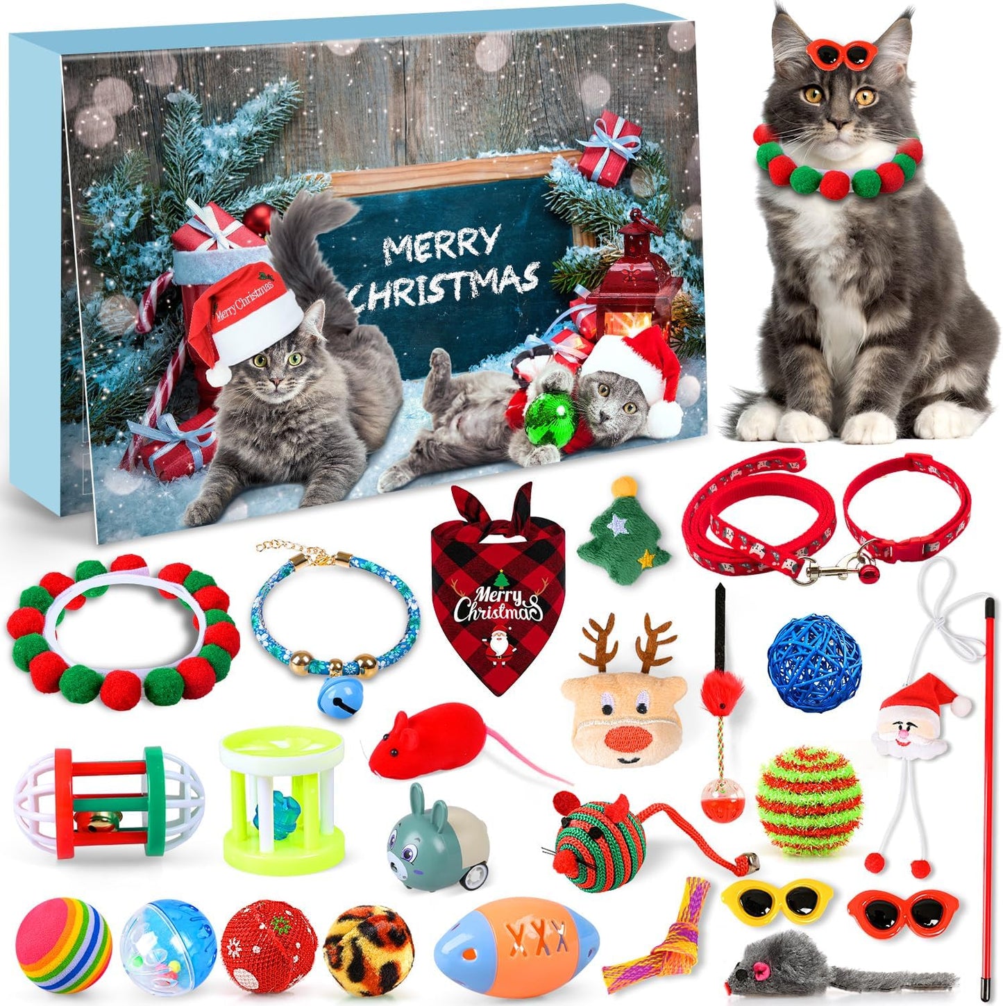 Cat Advent Calendar 2025 Christmas Interactive Toys for Indoor Christmas Gifts Collars Bow Tie Feather Toys Fish Fake Mouse Bell Balls for Cat Lover Gifts