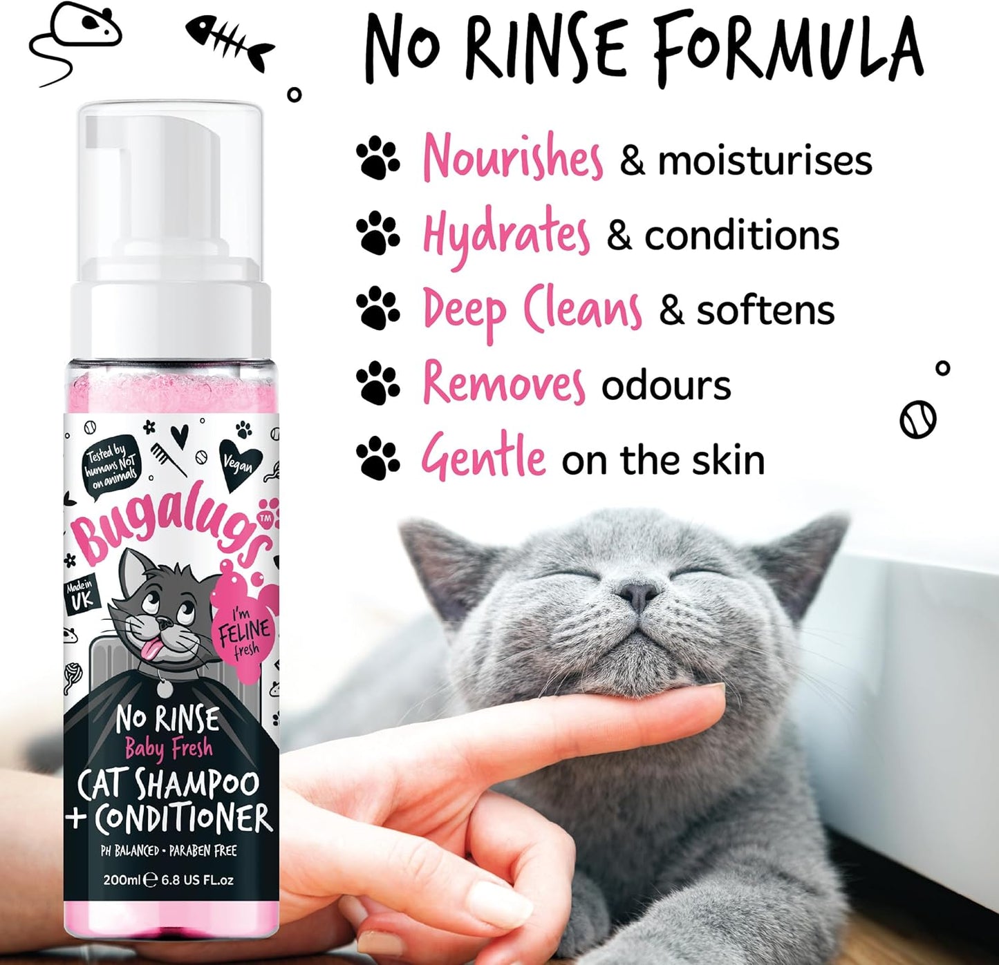 Bugalugs No Rinse Cat Shampoo & Conditioner with Baby Fresh Fragrance. Brush Through, for Cats and Kittens. Foam Action Grooming Dry Shampoo Kitten (200Ml No Rinse Shampoo)