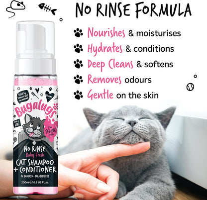 Bugalugs No Rinse Cat Shampoo & Conditioner with Baby Fresh Fragrance. Brush Through, for Cats and Kittens. Foam Action Grooming Dry Shampoo Kitten (200Ml No Rinse Shampoo)