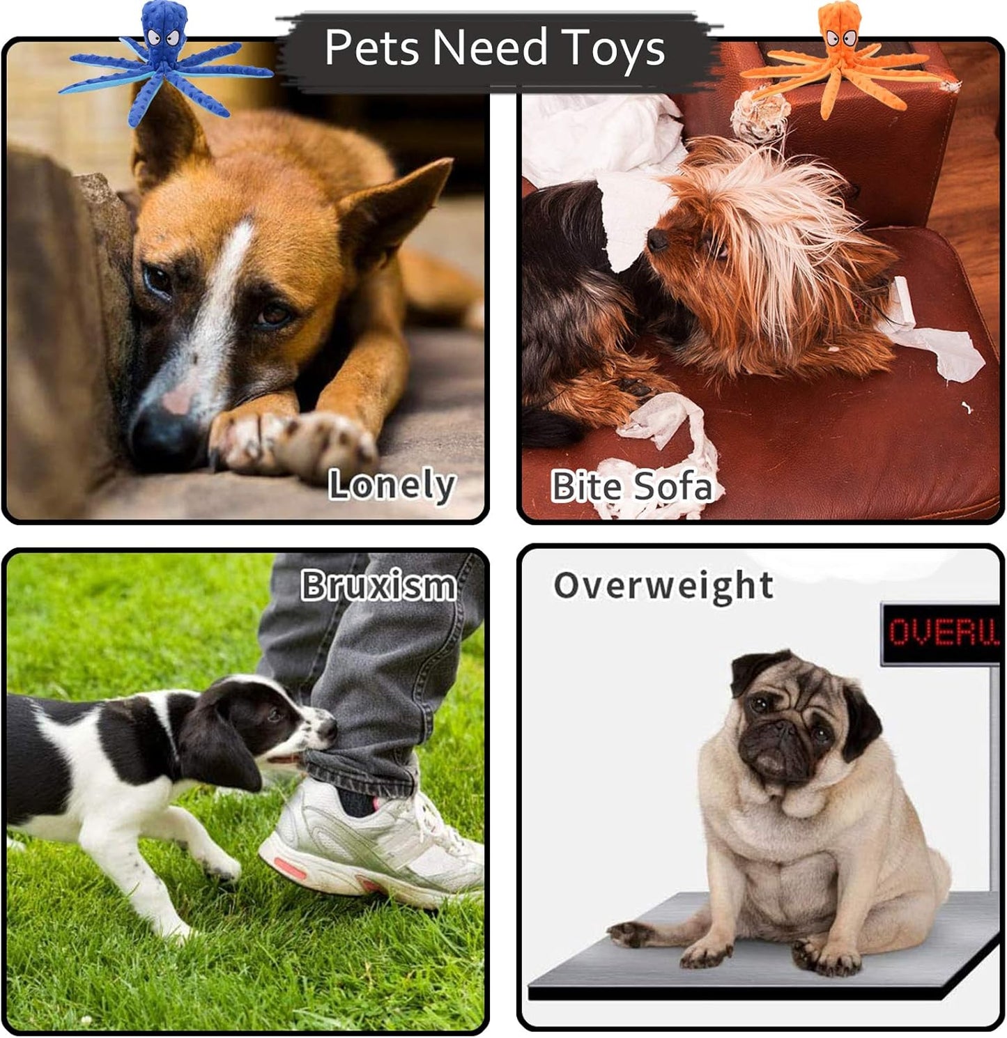 Squeaky Dog Interactive Play Toy,No Stuffing Octopus Dogs Chew Toy with Crinkle Paper for Medium and Large Dogs Playing
