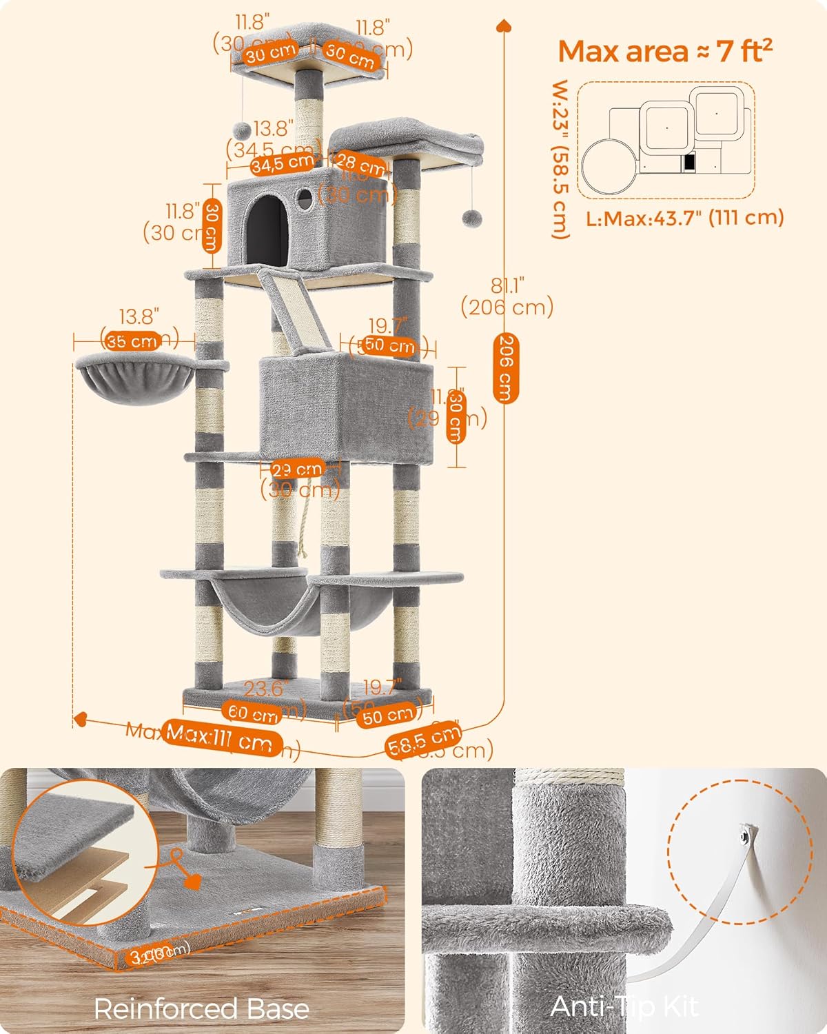 Cat Tree, 206 Cm Large Cat Tower Condo with 13 Scratching Posts, 1 Scratching Ramp, 2 Perches, 2 Caves, Basket, Hammock, Pompoms, Light Grey PCT190W01V1