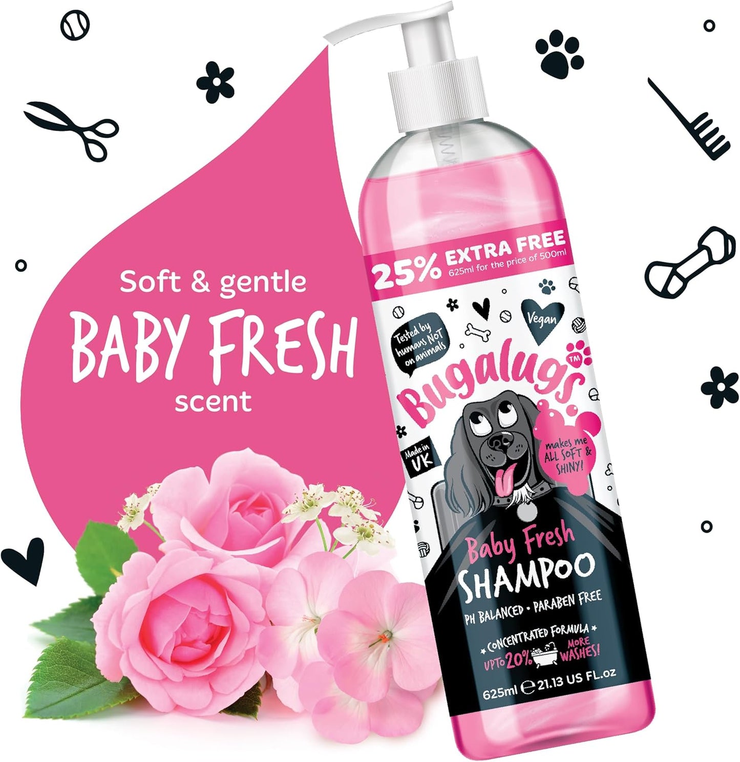 Bugalugs Baby Fresh Dog Shampoo Grooming Products for Smelly Dogs with Baby Powder Scent, Best Puppy Shampoo, Vegan Pet Shampoo Professional (625Ml)