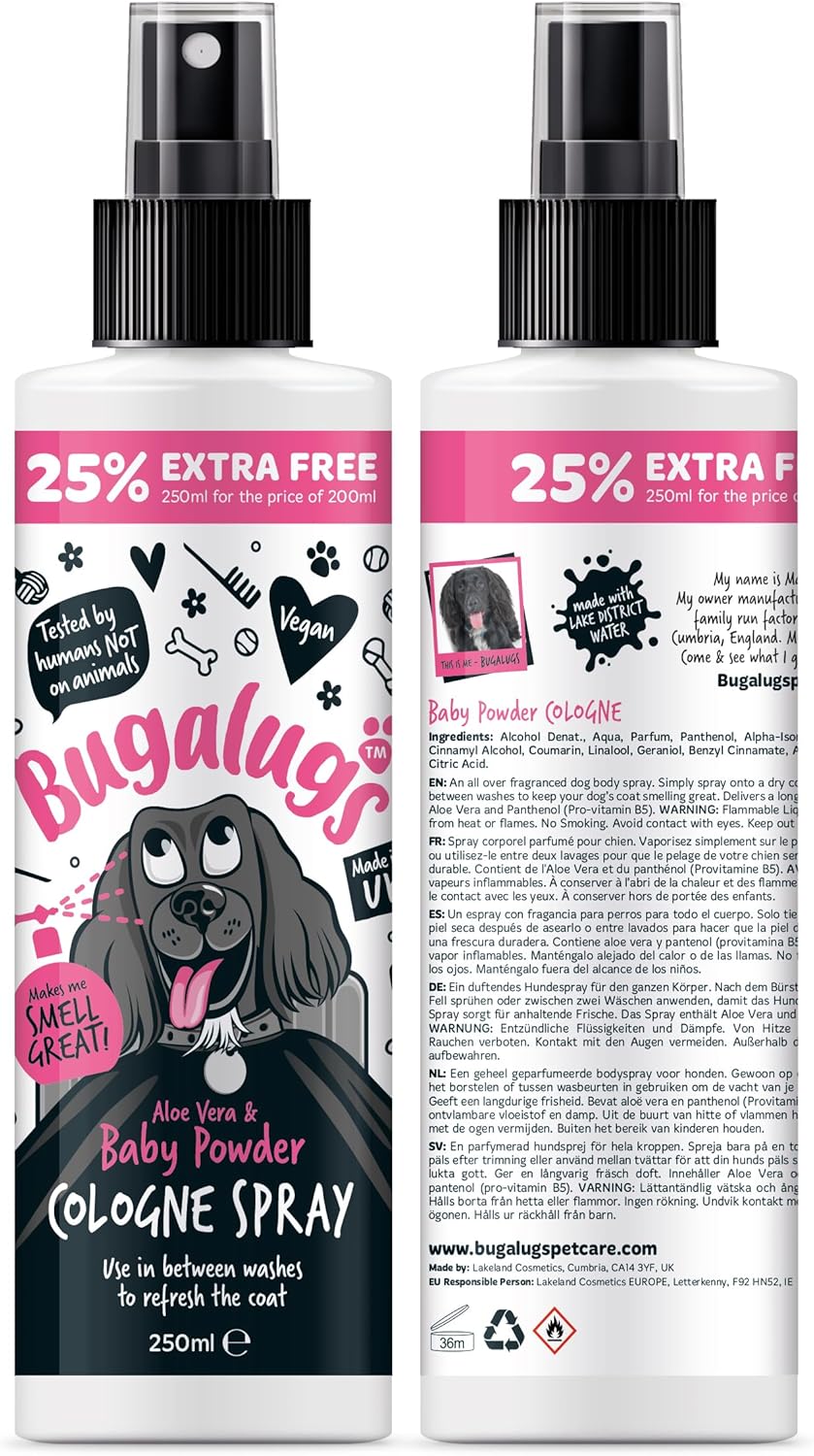 Bugalugs Dog Perfume Spray with Aloe Vera & Baby Powder Cologne Great Pet Odour Eliminator Deodorant Spray for Smelly Dogs Can Use as Dry Shampoo