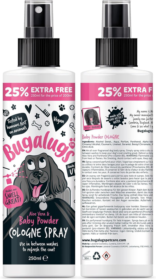 Bugalugs Dog Perfume Spray with Aloe Vera & Baby Powder Cologne Great Pet Odour Eliminator Deodorant Spray for Smelly Dogs Can Use as Dry Shampoo
