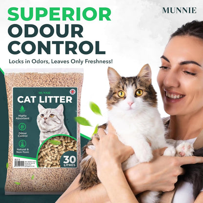 Munnie Cat Litter 30L – Biodegradable, Dust-Free, Unscented, Ultra-Absorbent Wood Pellets for Cats & Kittens, Natural Cat-Litter for Housetraining, Non-Clumping, Litter Granules, Pet-Safe