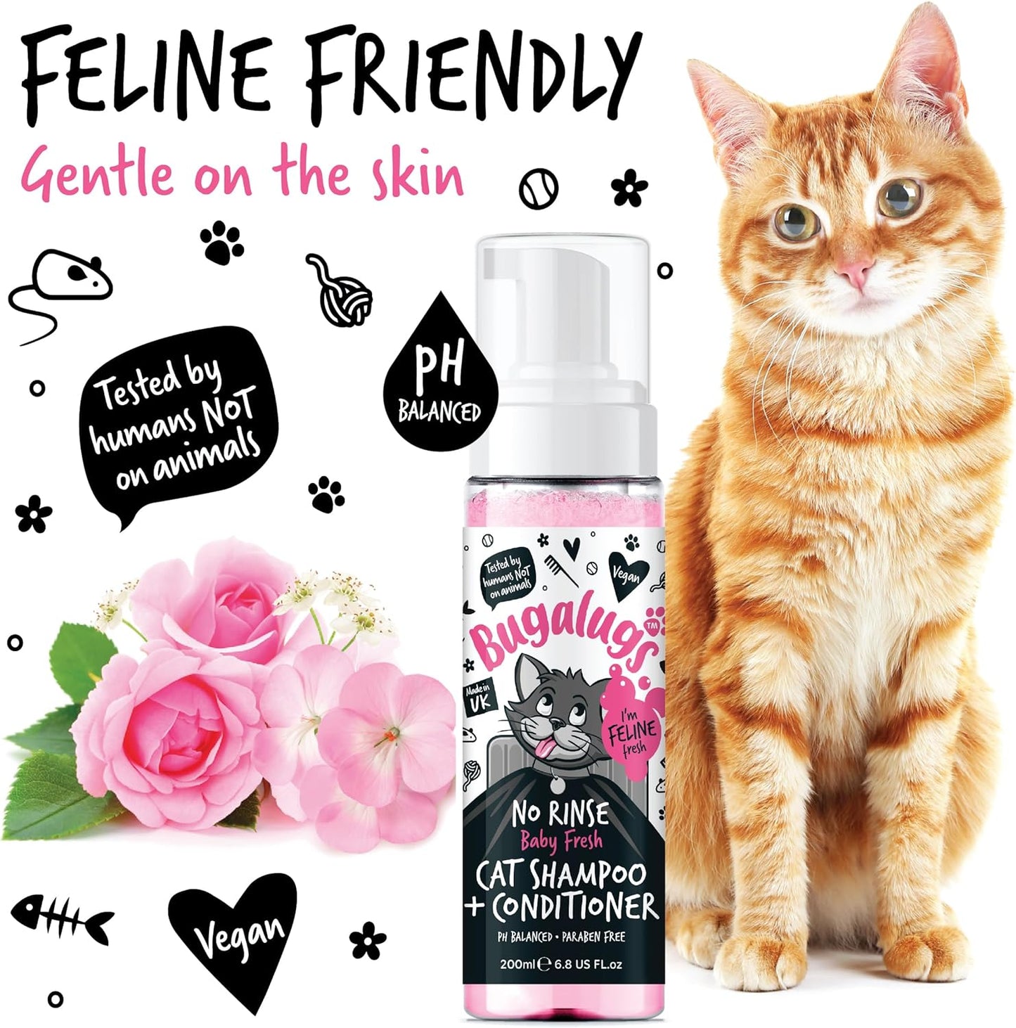 Bugalugs No Rinse Cat Shampoo & Conditioner with Baby Fresh Fragrance. Brush Through, for Cats and Kittens. Foam Action Grooming Dry Shampoo Kitten (200Ml No Rinse Shampoo)