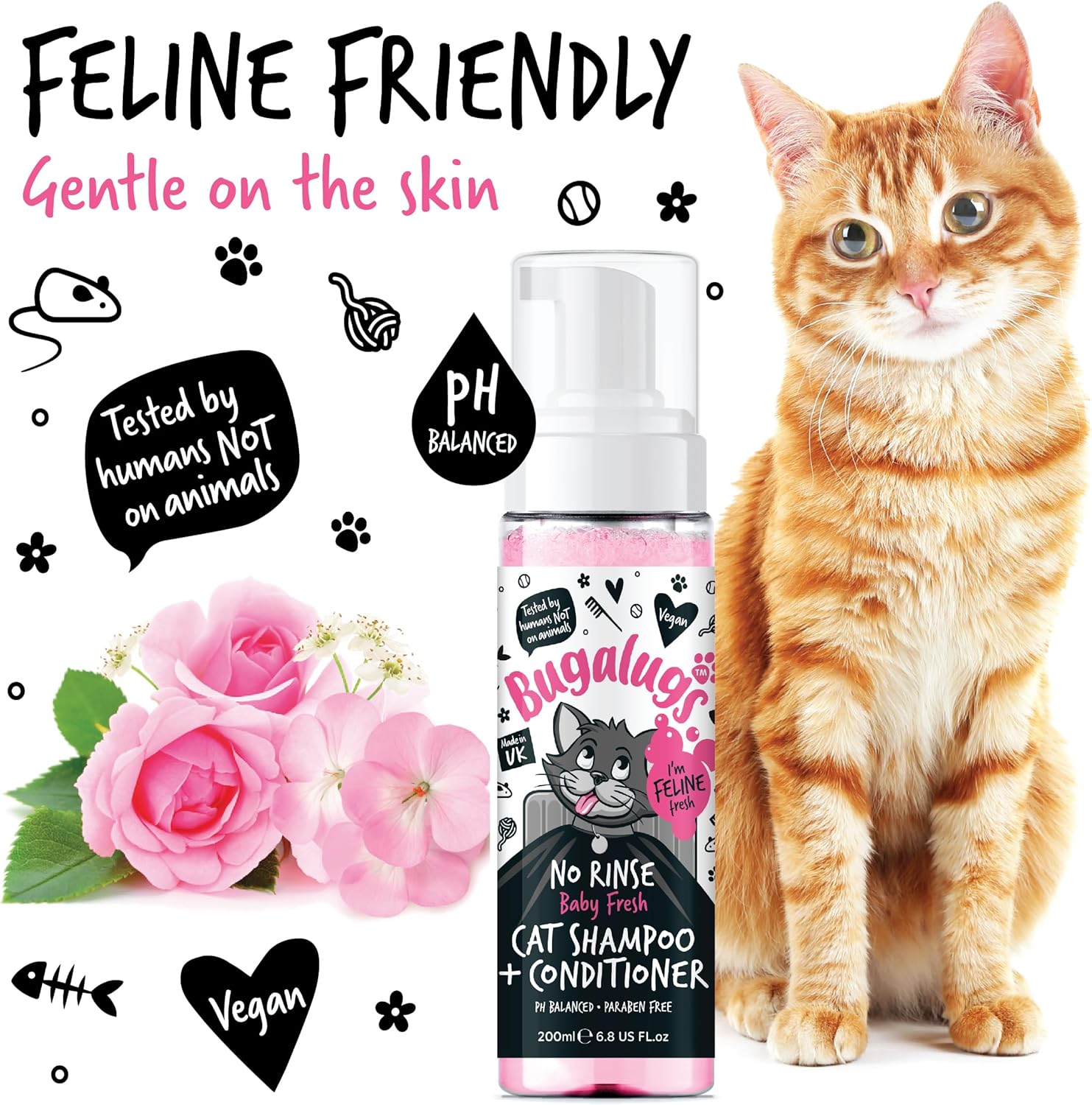 Bugalugs No Rinse Cat Shampoo & Conditioner with Baby Fresh Fragrance. Brush Through, for Cats and Kittens. Foam Action Grooming Dry Shampoo Kitten (200Ml No Rinse Shampoo)