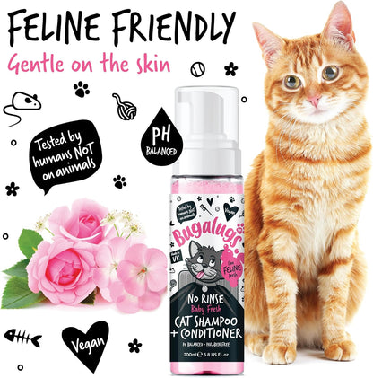 Bugalugs No Rinse Cat Shampoo & Conditioner with Baby Fresh Fragrance. Brush Through, for Cats and Kittens. Foam Action Grooming Dry Shampoo Kitten (200Ml No Rinse Shampoo)